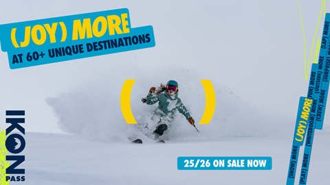 Skier going through powder with an Ikon Pass logo in the corner. Overlay text reads: (Joy) More at 60+ unique destinations. 25/26 On Sale Now.