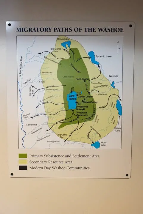 A sign shows a map of Washoe historical tribal lands. 