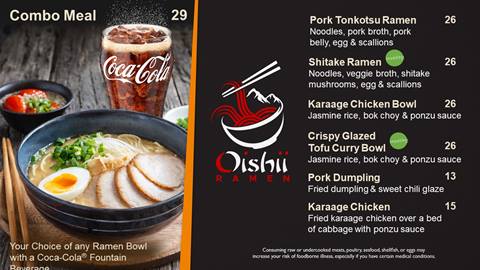 Page one of the menu of Oishii, a Ramen spot in Olympic House.