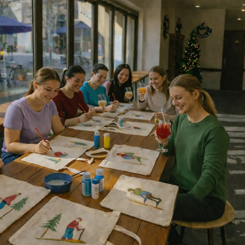 Group of girls smiling at Paint and Sip decorating their tote bags