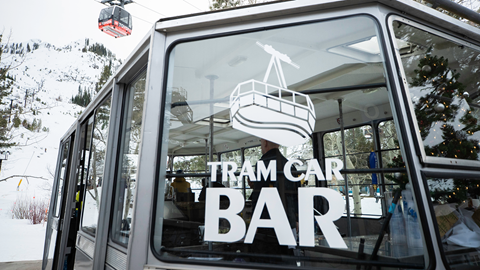 Tram Car Bar at the base of Palisades Tahoe in winter