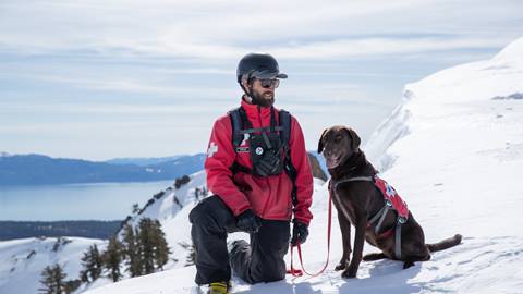 Alpine Meadows Ski Patrol with Avalanche Dog on the Summit of Alpine.