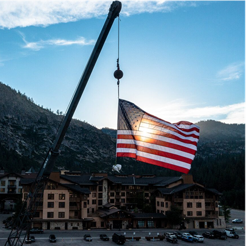 Flag hanging at Palisades Tahoe during the 4th of July
