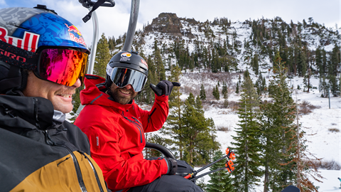 Travis Ganong and Daron Rahlves riding the chairlift on opening day