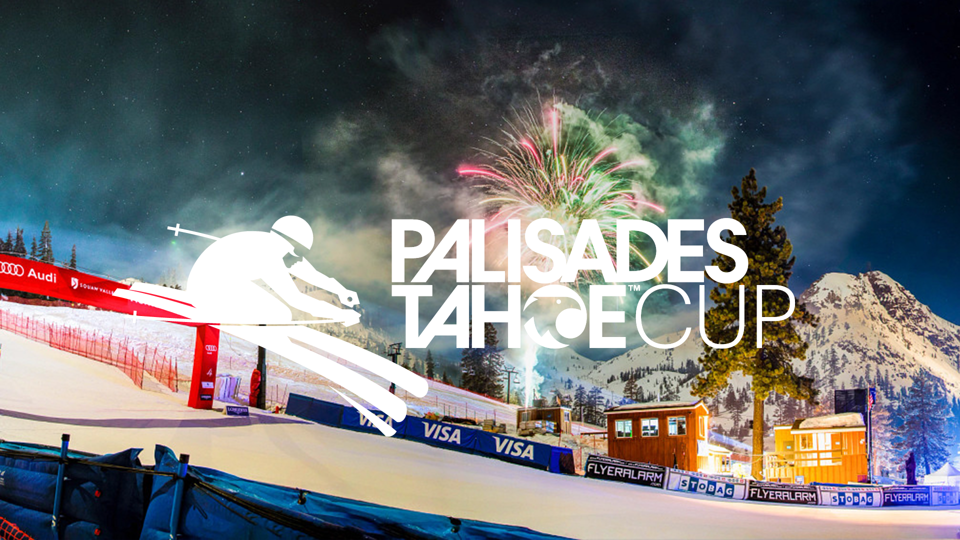 Palisades Tahoe Cup Logo with fireworks behind