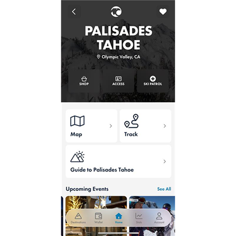 Screenshot of the Ikon Pass app homepage set to Palisades Tahoe
