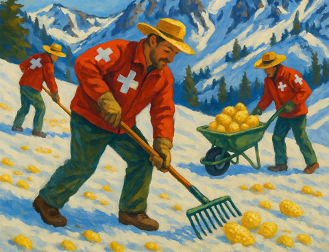 Three ski patrollers harvesting corn snow in a humorous AI image