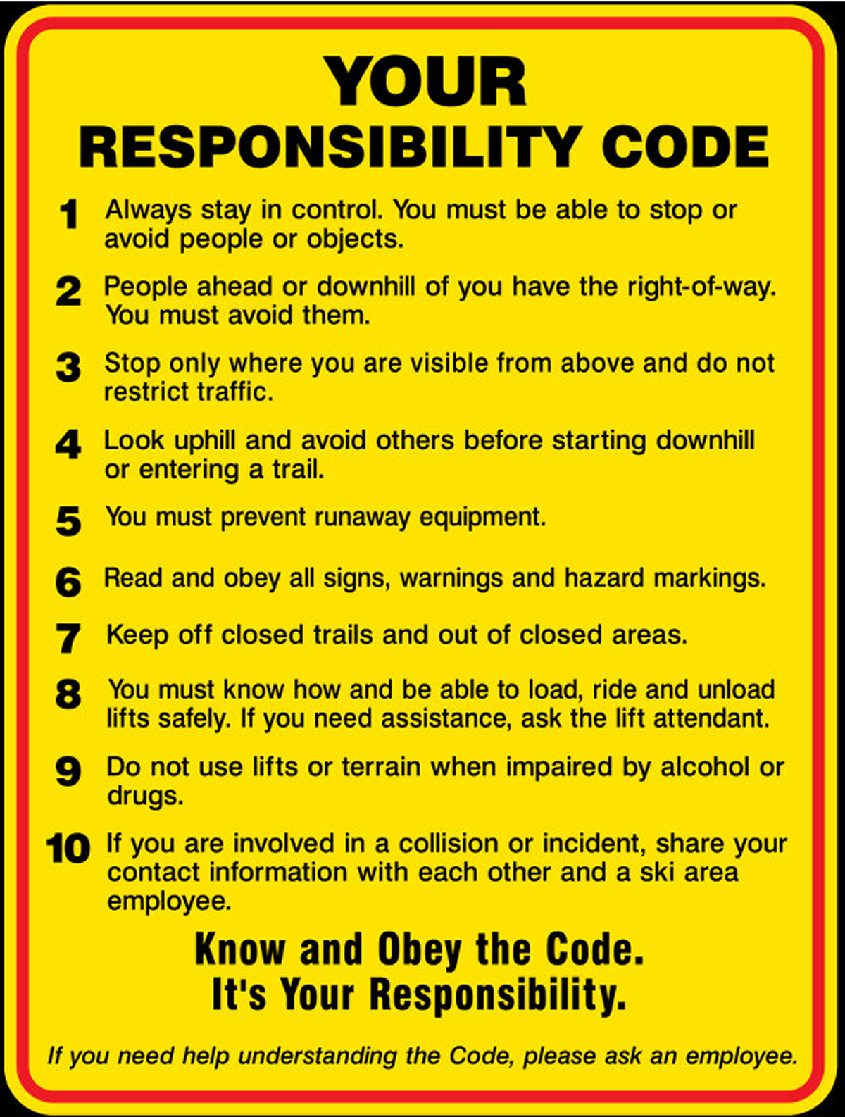 Your Responsibility Code signage with ten code items