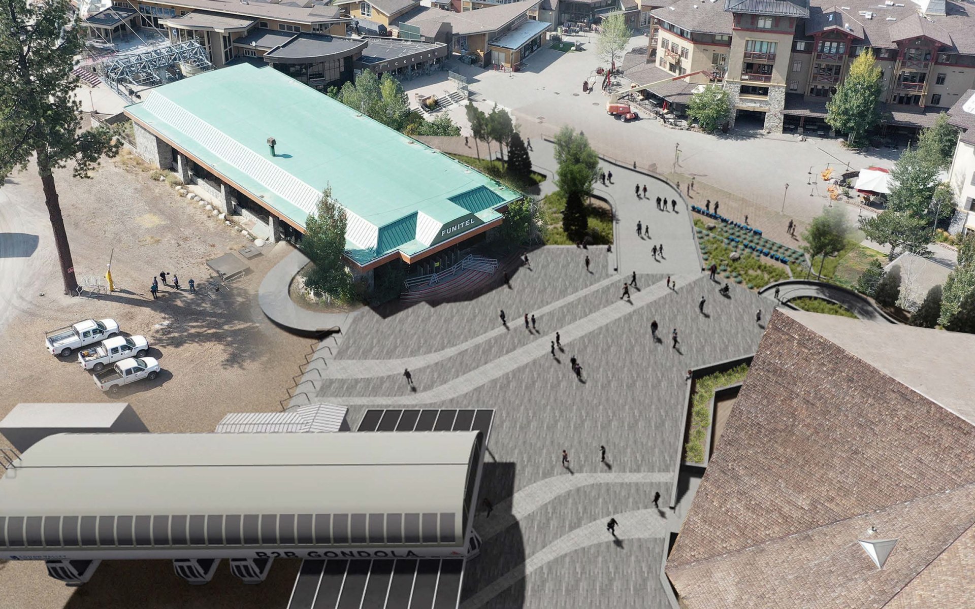 A rendering of the new Funitel Plaza in The Village at Palisades Tahoe.