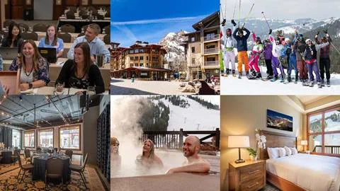 A collage of photos shows the relaxing lifestyle of staying at The Village at Palisades Tahoe.