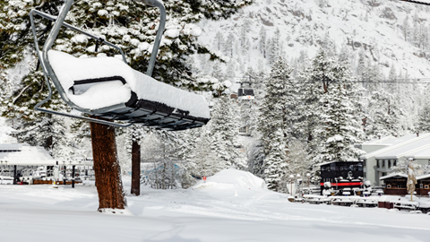 Snow on chairlift at the base at Palisades Tahoe on 4.12.26