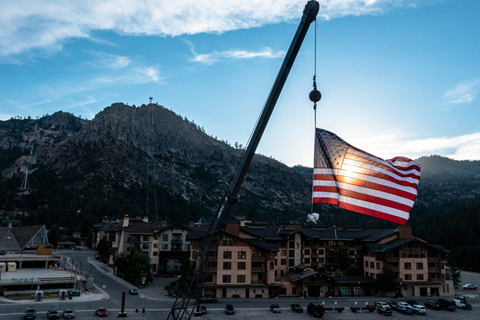 Flag hanging at Palisades Tahoe during the 4th of July
