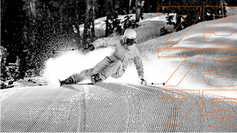 Black and white photo of Amie Engerbretson skiing a groomer