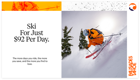 Ski for $92 per day promotion with graphic of Amie Engerbretson skiing powder in an orange jacket