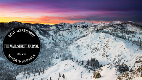 A scenic sunset at Alpine Meadows with the Wall Street Journal accolades logo as an overlay. 
