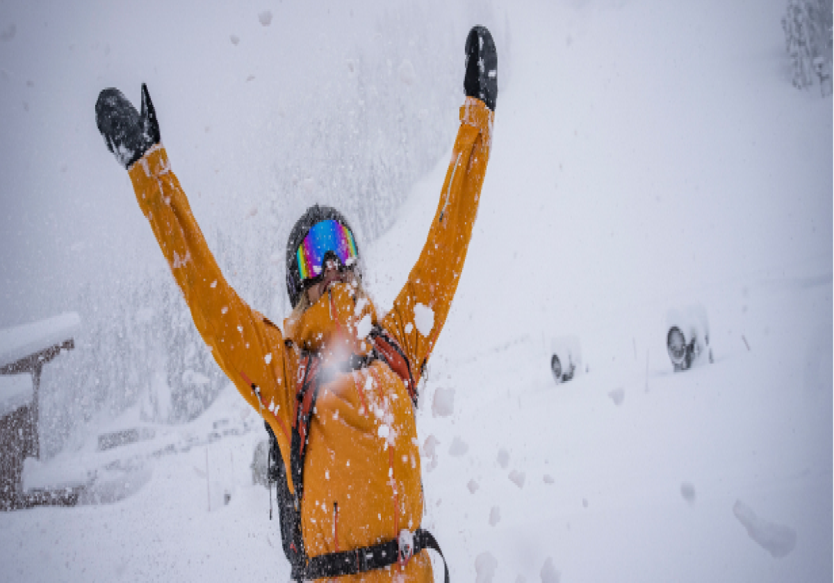 Skier in yellow jacket with hands up snow falling