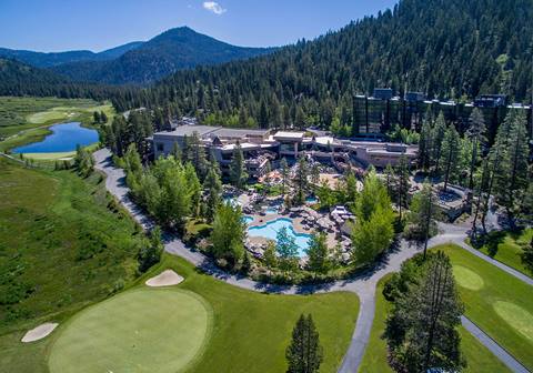 Aerial photo of Everline Resort in Olympic Valley with swimming pool