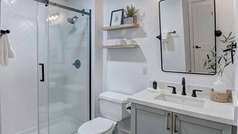 The bathroom in the Sugar Pine Suite in The Village at Palisades Tahoe.