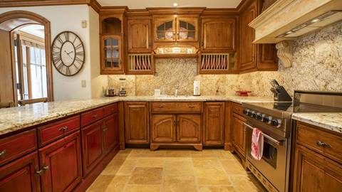 The grand kitchen of the Eagles Nest Suite in The Village at Palisades Tahoe Hotel.
