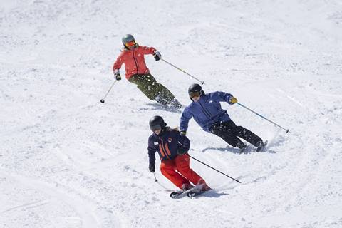 Two adults turning on moguls with a MSS instructor