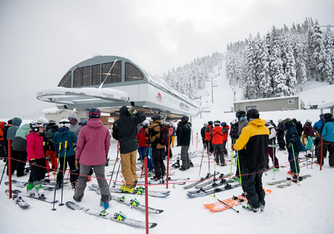Group waiting in line at Red dog chairlift with snow