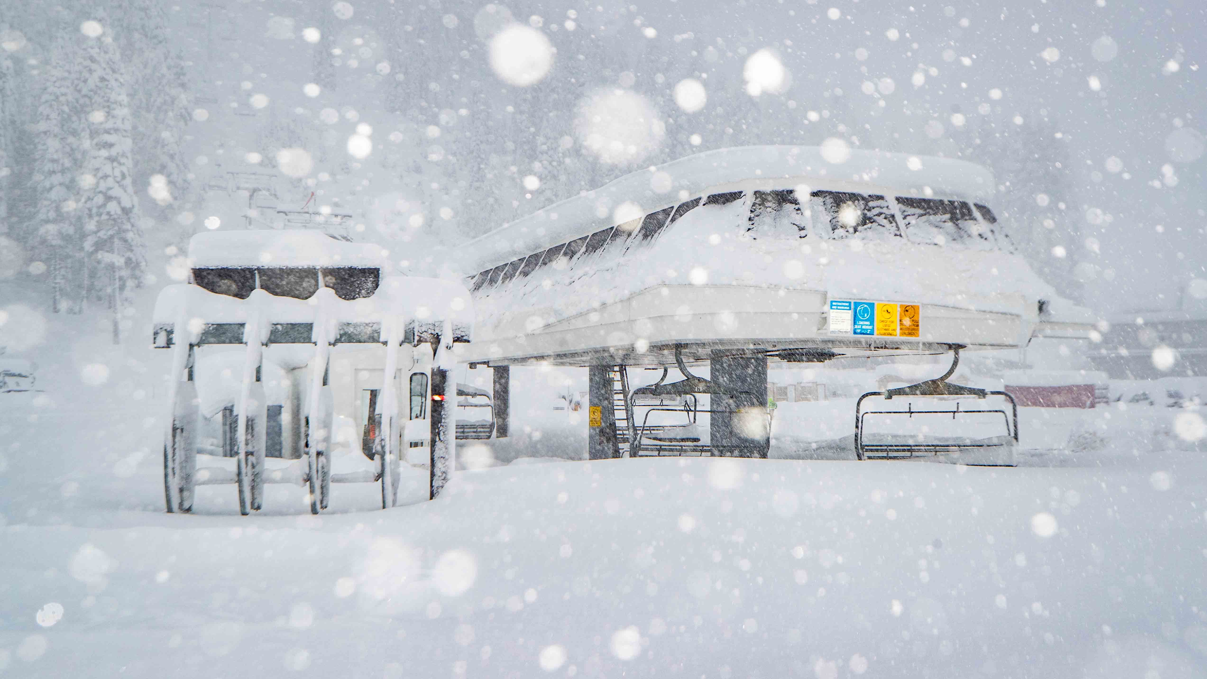 New snow by the KT-22 chairlift at Palisades Tahoe.