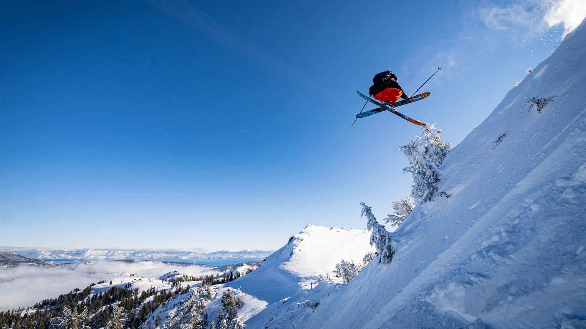 A skier on Granite Chief after a Lake Tahoe snowstorm.