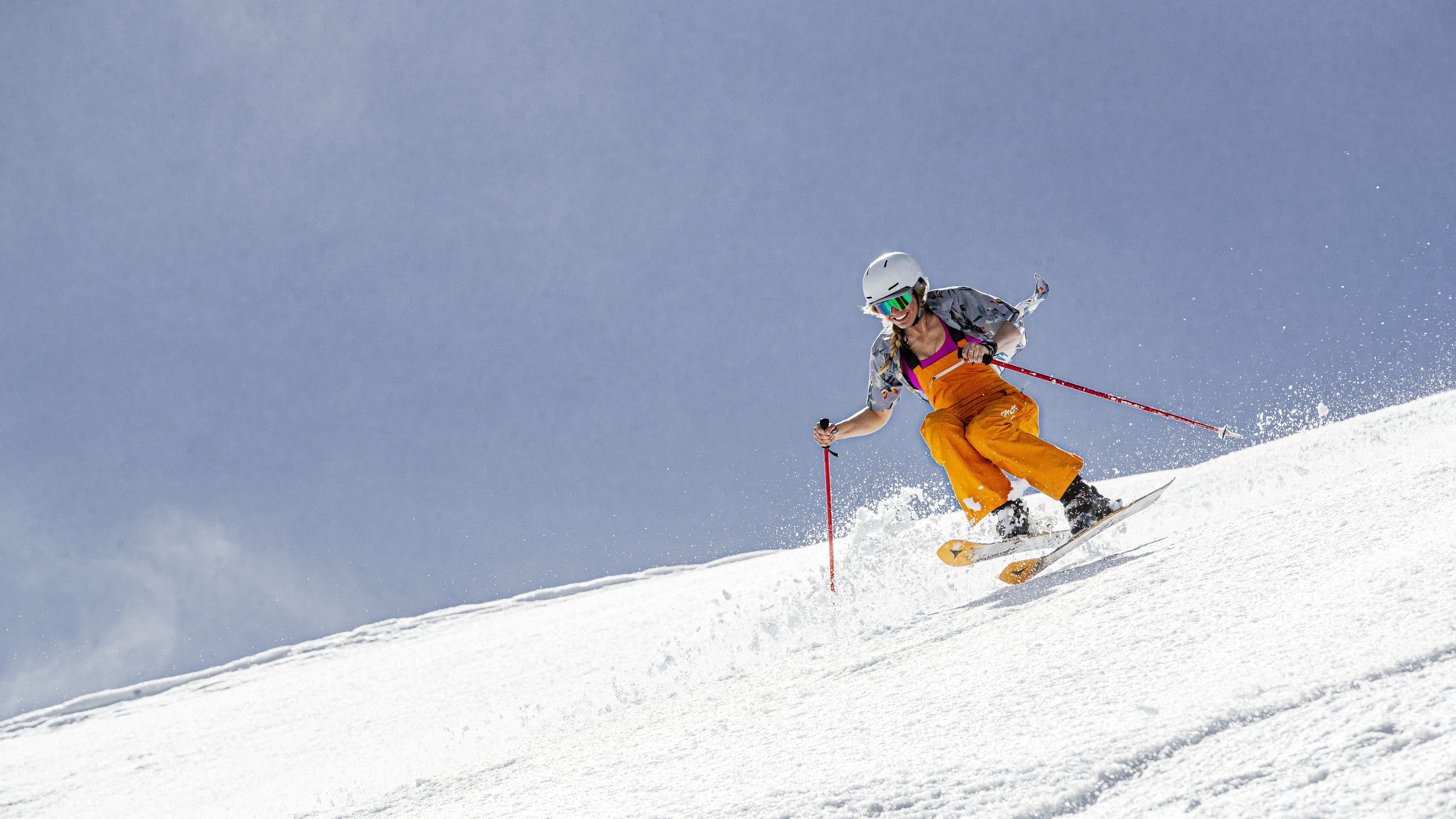 Amie Engerbretson skiing Siberia on a sunny spring day. 