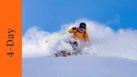 A skier in powder with the words "4 Day Lift Ticket"