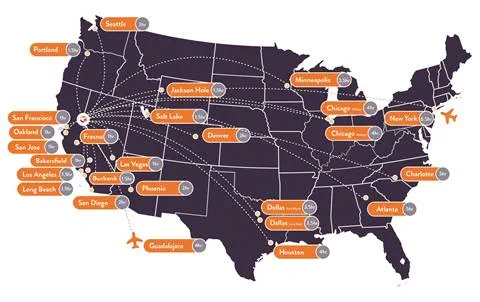 A map of the USA shows all of the nonstop flights that service Reno Tahoe International Airport (RNO)