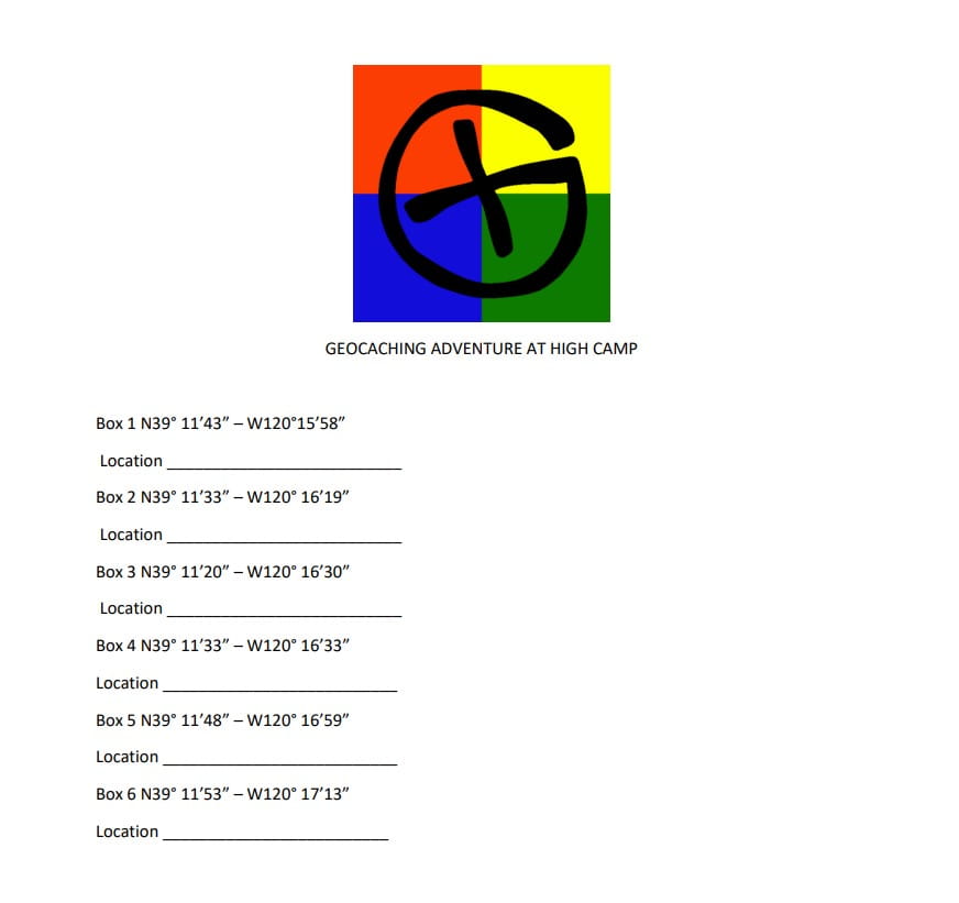 Coordinates for the geocaching adventure at High Camp in Palisades Tahoe. 