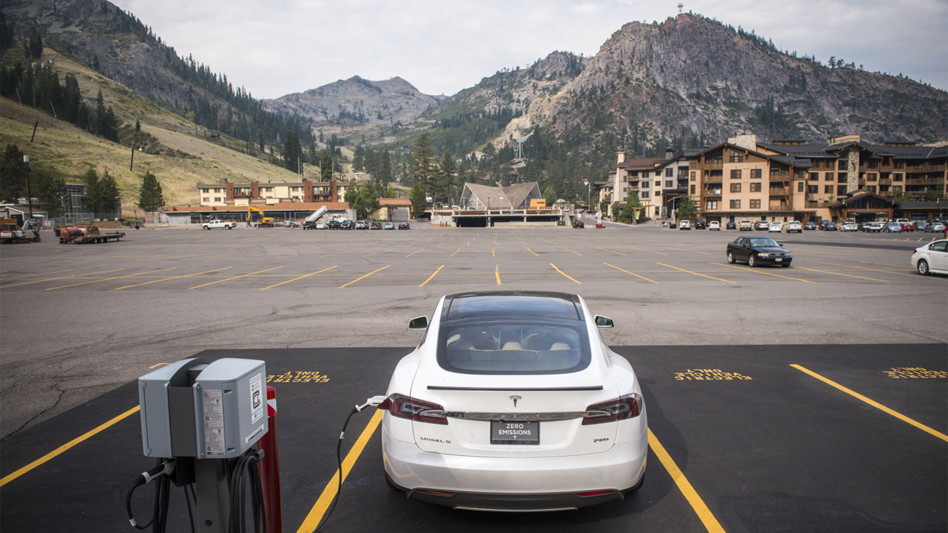 Olympic Valley has several electric car charging stations in the Far East lot, shown here. 