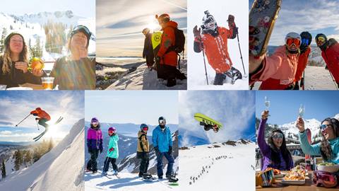 Collage of people skiing, riding and enjoying the mountains at Palisades Tahoe