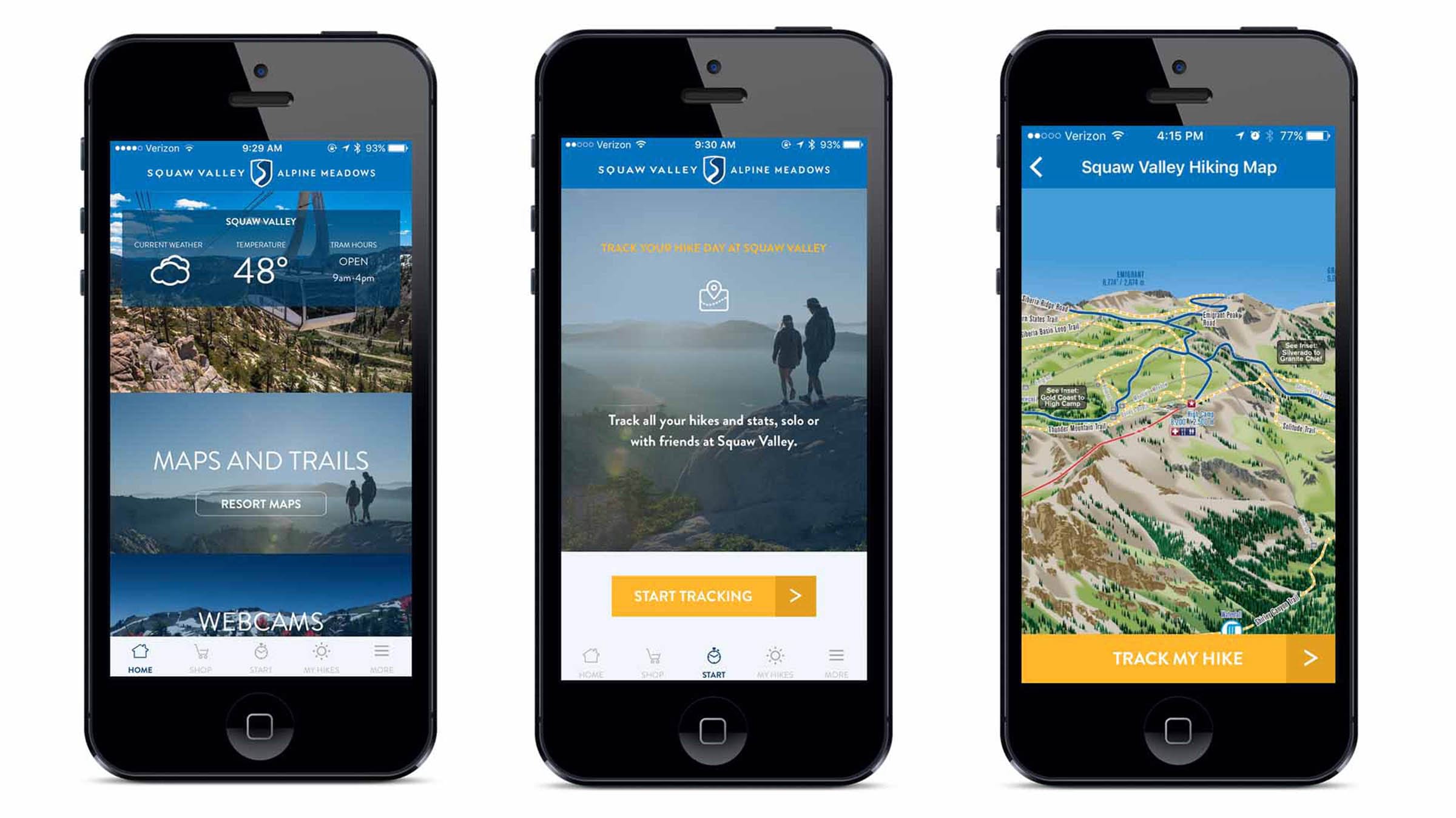 Screenshots of the Palisades Tahoe app summer app features.