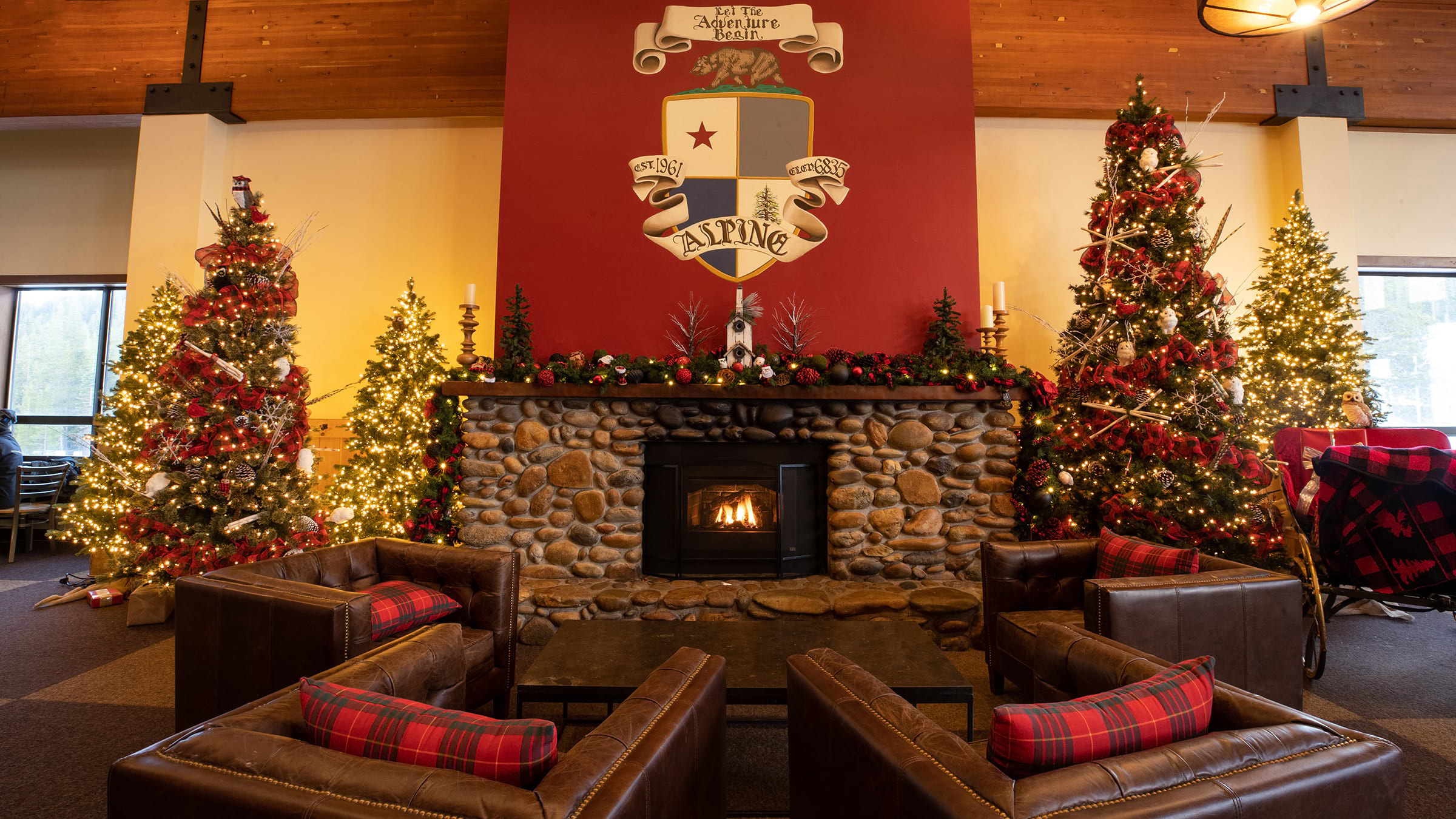 Interior of the Alpine Meadows Lodge Lounge area and fireplace