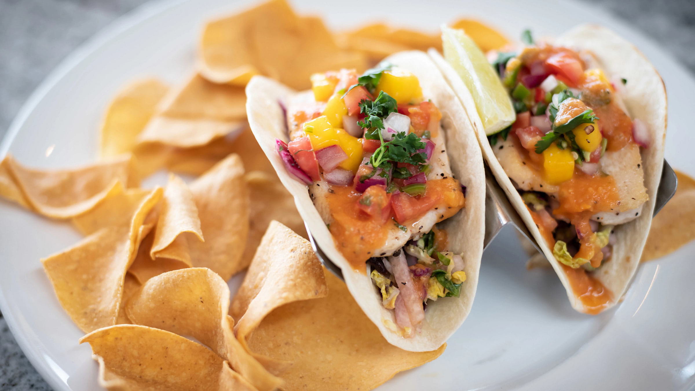 Fish tacos and chips served at Granite Bistro, Lake Tahoe