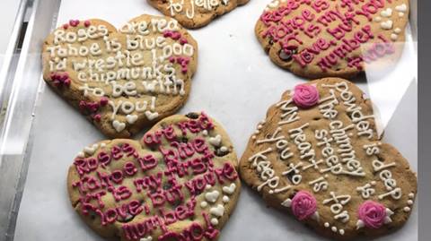 Wildflour Baking Co. at Palisades Tahoe will hand write Valentine's poems on giant heart-shaped chocolate chip cookies