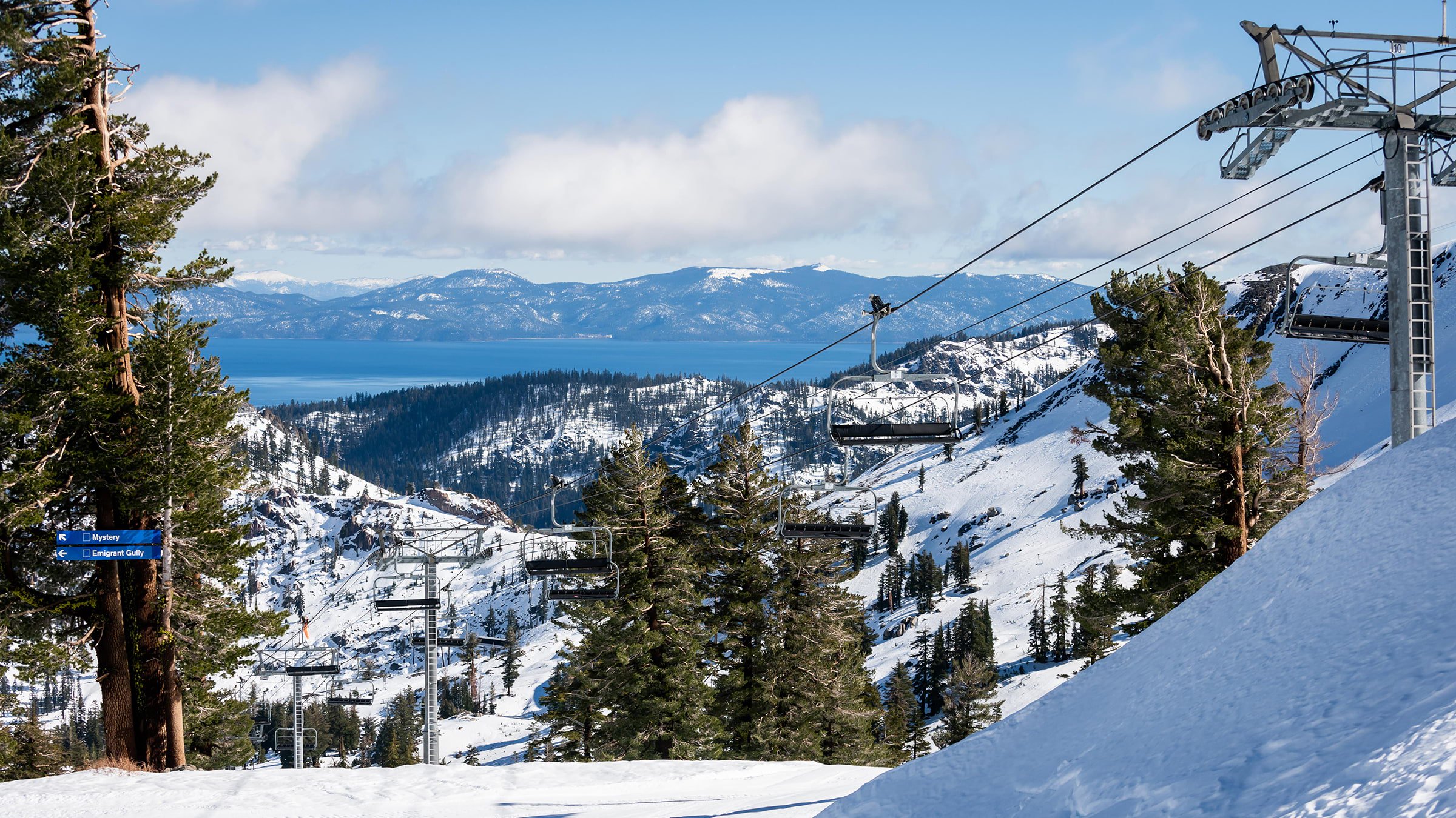 View of Lake Tahoe and Gold Coast Chair on October 27, 2021 - two days before opening day