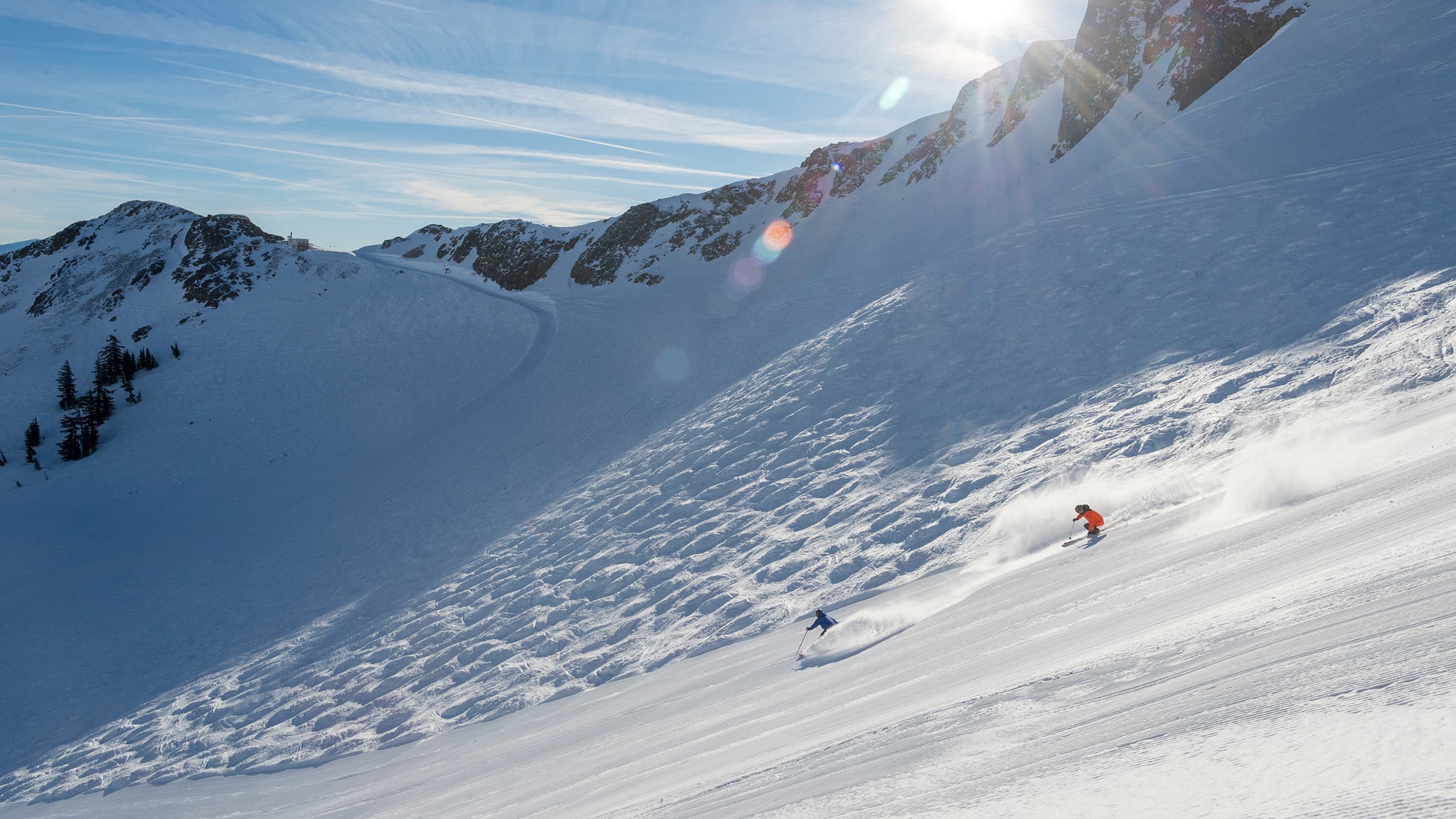 Skiers in vast terrain on Olympic Valley's Upper Mountains