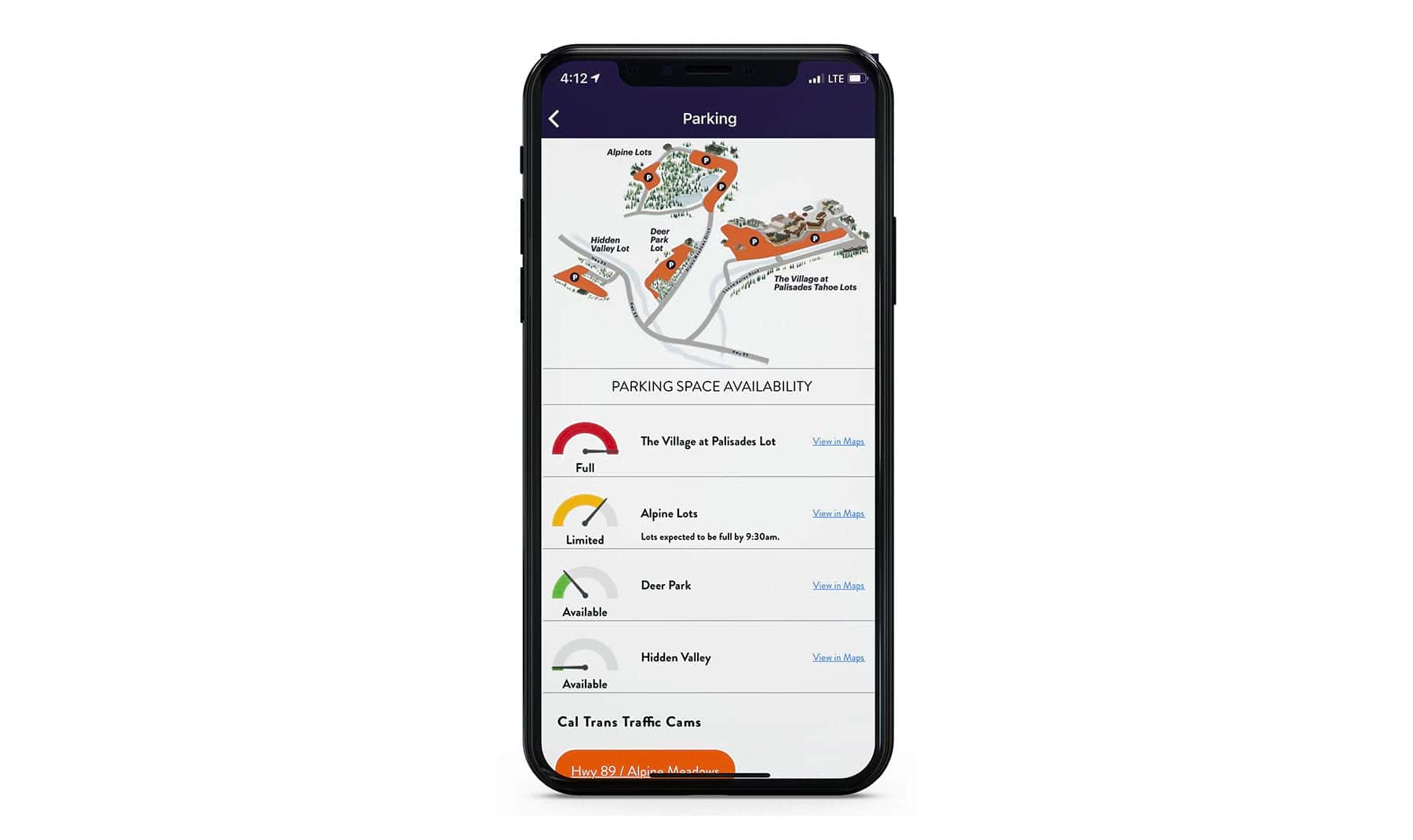 A screenshot of the new parking status feature on the Palisades Tahoe Mobile App. 