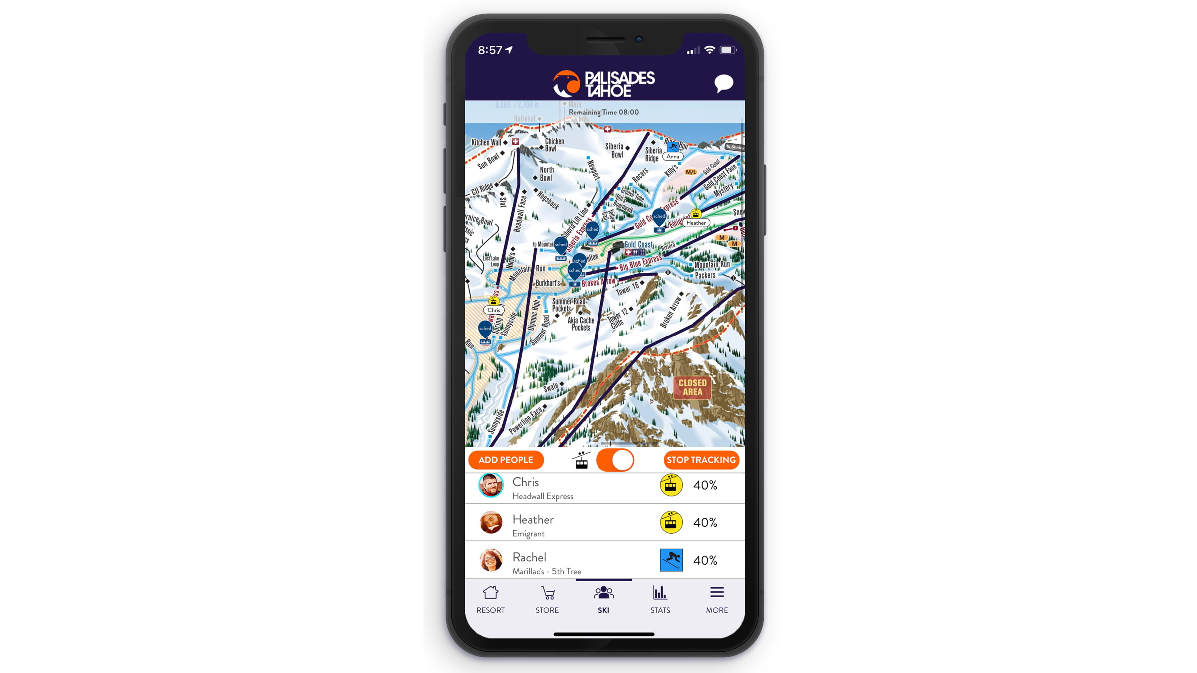Find your friends on the ski hill function on the Palisades Tahoe mobile app