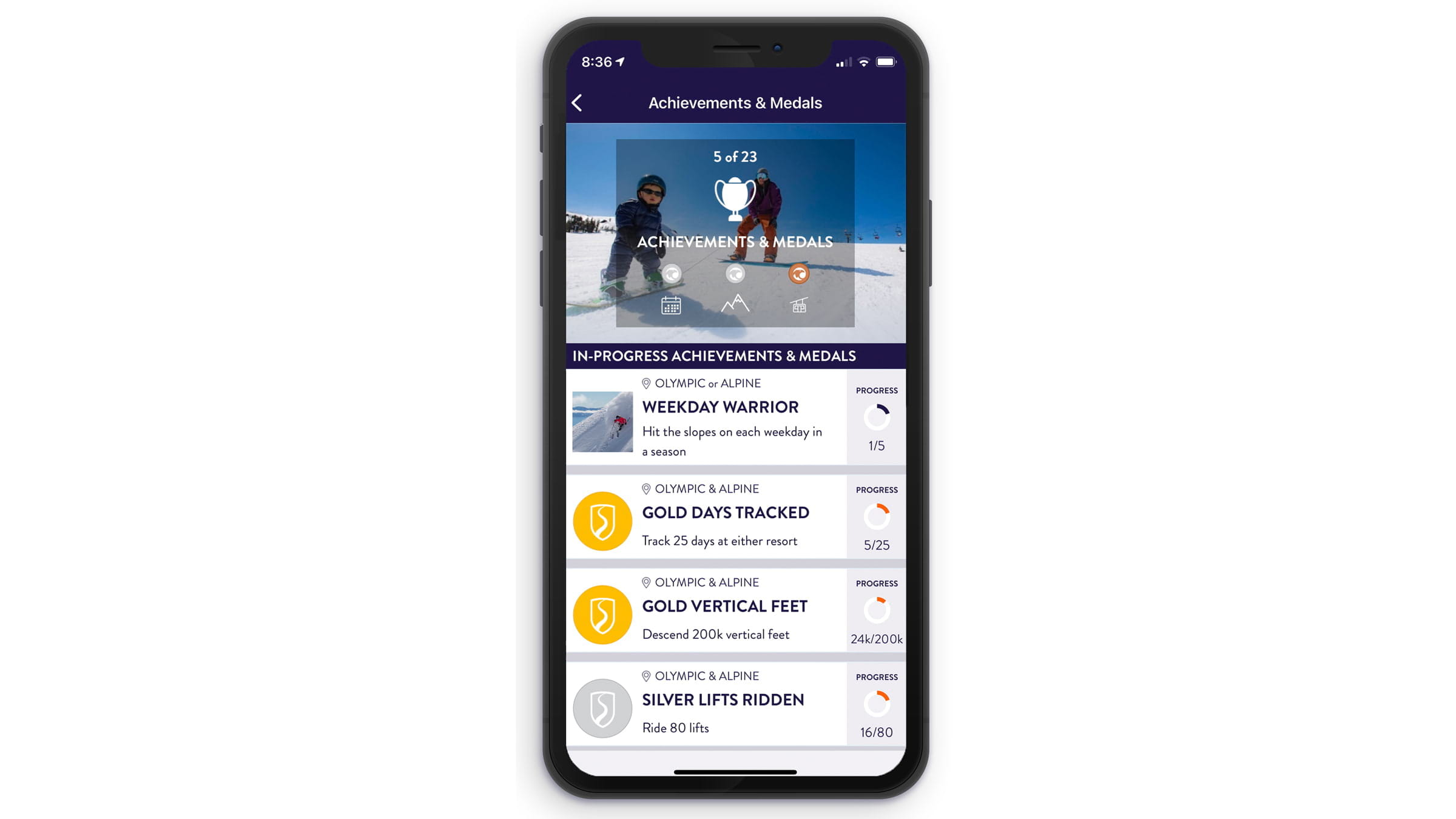 Earn achievements and medals on the Palisades Tahoe mobile app