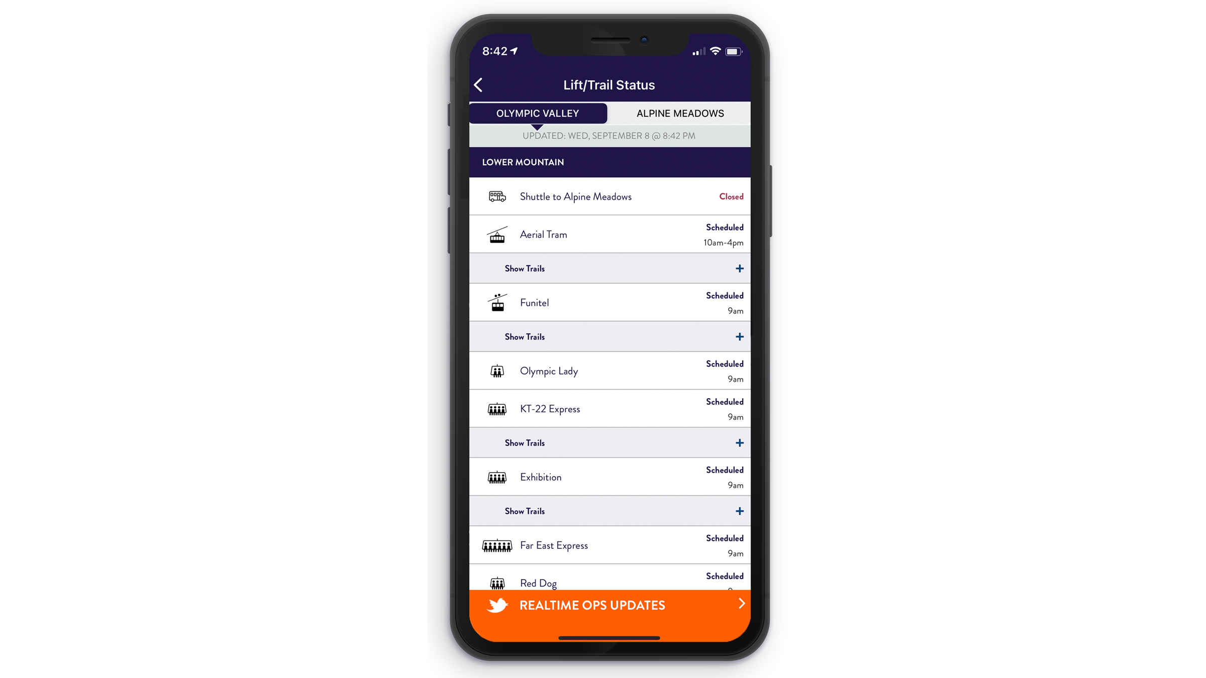 Real-time lift & trail status on the Palisades Tahoe mobile app