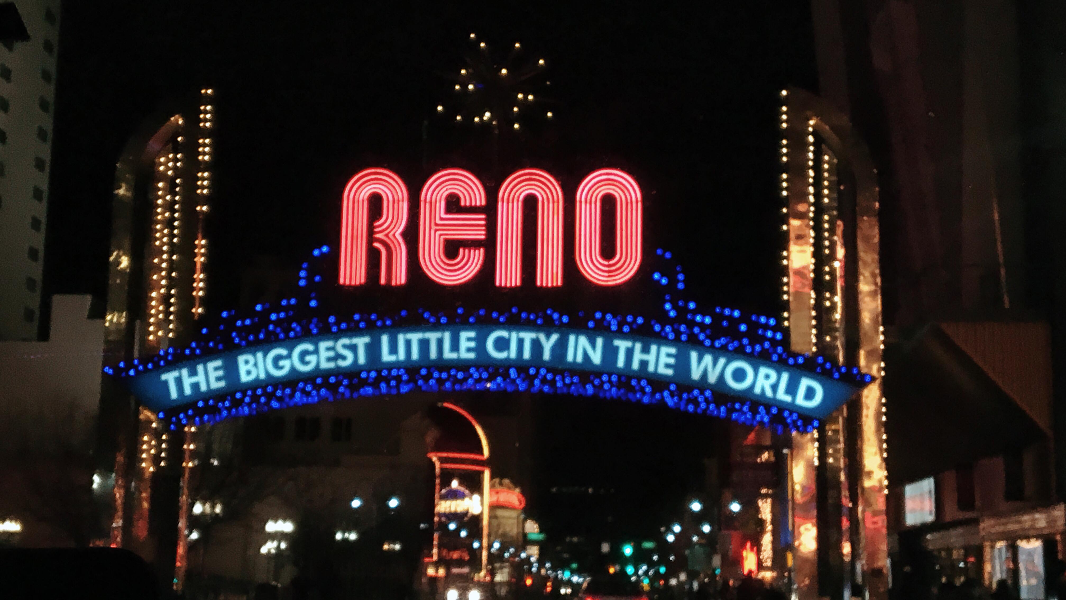 The famous arch in downtown Reno, Nevada at night.