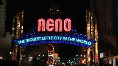 The famous arch in downtown Reno, Nevada at night.