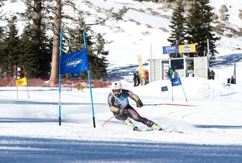 Skier on the NASTAR race course off Shirley Lake at Olympic Valley