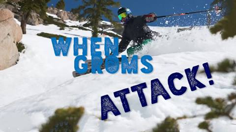 Young skier at Olympic Valley with "When Groms Attack!" text