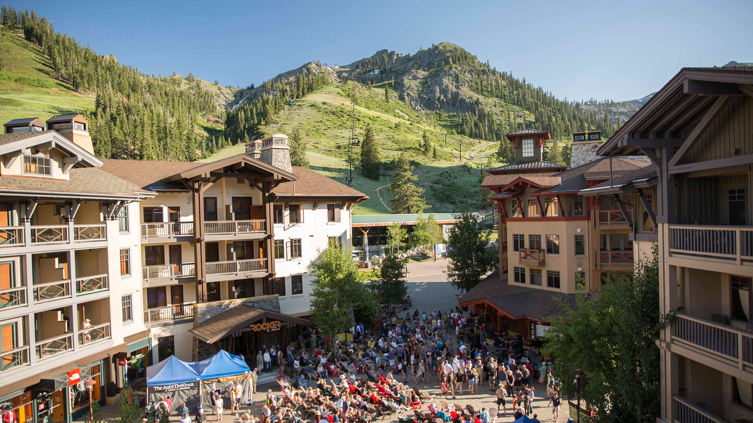 View of Bluesdays weekly live music event from a balcony at The Village at Palisades Tahoe