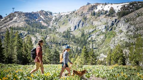 Two hikers and a dog on Granite Chief Trail with the Aerial Tram in the background