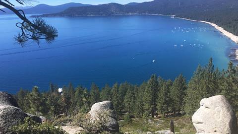 View from the Monkey Rock Trail in Incline Village, Nevada with expansive views of Lake Tahoe